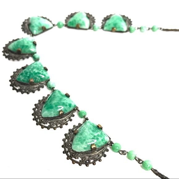 Vintage Necklace Green Czech Glass Faux Jade 1930 - Picture 6 of 11